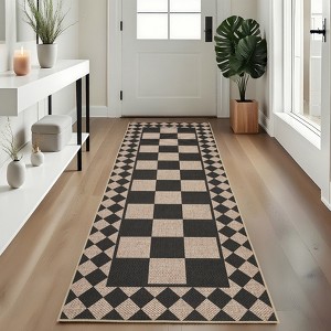Checkered Easy Jute Runner Rug, Non-Slip Modern Rug Runners, Washable Ultra-Thin Low Pile Indoor Outdoor Carpet Accent Rugs - 1 of 4