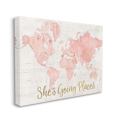 Stupell Industries She's Going Places Quote Pink Watercolor World Map