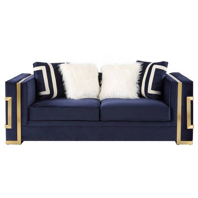 80" Blue Velvet Loveseat with Gold Metal Trim