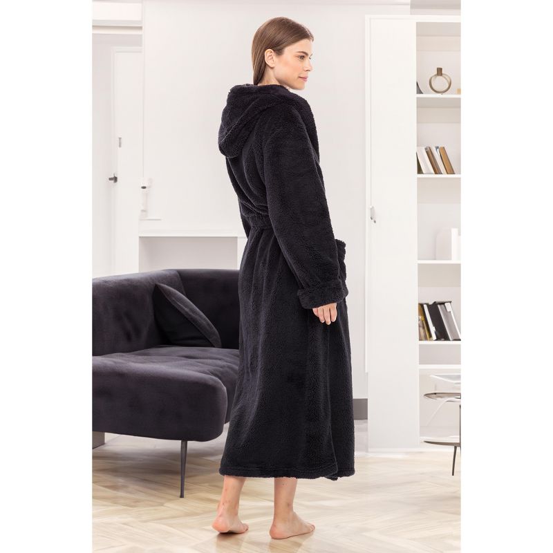 Women's Fuzzy Plush Fleece Bathrobe with Hood, Soft Warm Hooded Lounge Robe, 5 of 8