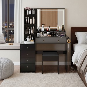 FONTOI 29.2"W/37"W/41"W Makeup Vanity Table Desk with Mirror Left Bedside Cabinet Stool Dresser Set for Woman Bedroom Dressing Room, Black/White - 1 of 4