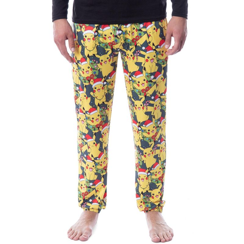Pokemon Mens' Pikachu Christmas Santa Toss Print Sleep Pajama Jogger Pants, 1 of 6