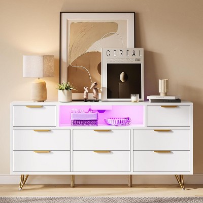 Jojoka Wood Dresser for Bedroom with LED Lights and Power Outlets, 55 inch TV Stand with 8 Drawers