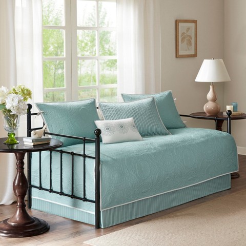 Madison Park Blue Natalie Daybed Cover Set (75x39") 6pc: Madison Park Bedding, Reversible Quilted, Medallion Pattern, Includes Skirt & Shams