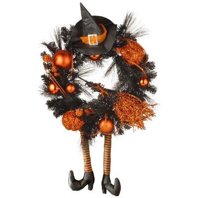 National Tree Company Artificial Witch's Wreath, Decorated with Black and Orange Trim, Ball Ornaments, Halloween Collection, 24 inches