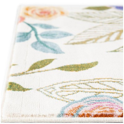 Ivory Floral Square Easy Care Stain-resistant Area Rug