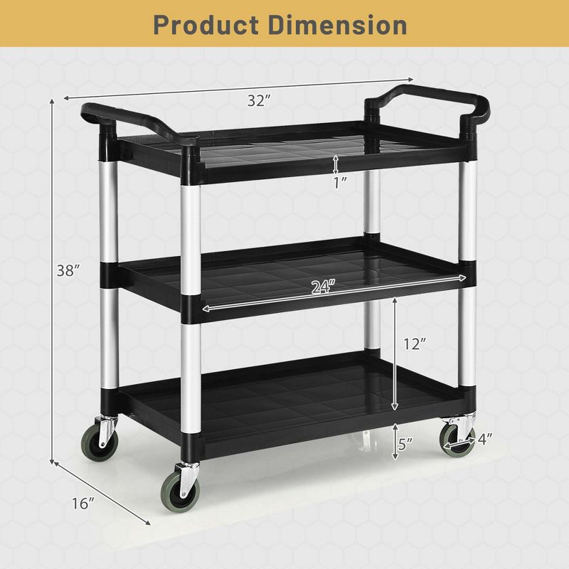 Costway 3-Shelf Service Cart Aluminum Frame 490lbs Capacity with Casters & Handles, 3 of 10