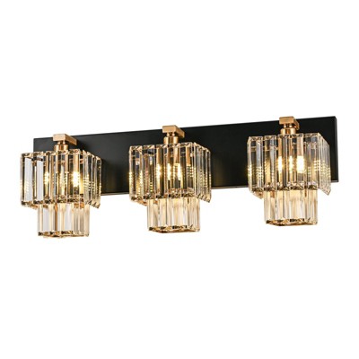 LLHZSY 3/4/5-Lights Modern Dimmable Glam Crystal Bathroom Vanity Lights - Black & Gold-New 2-Tiers Crystal Square Lamp Shade