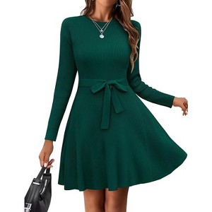 Zeagoo Women's Fall Winter Casual Dress Crewneck Long Sleeve A-Line Sweater Dress Bodycon Ribbed Knit Dress with Belt - 1 of 4