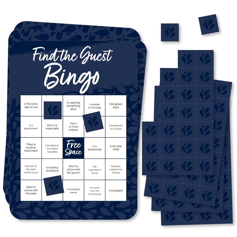 Big Dot of Happiness Navy Blue Elegantly Simple - Find the Guest Bingo Cards and Markers - Wedding & Bridal Shower Bingo Game  Set of 18, 1 of 6