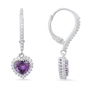 Sterling Silver Heart-cut Birthstone CZ Halo Leverback Earrings - 1 of 2