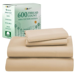 5-Star Luxury Sheet Set | 600 Thread Count 100% Cotton Sateen | Soft & Crisp Bed Sheets with Deep Pockets by California Design Den - 1 of 4