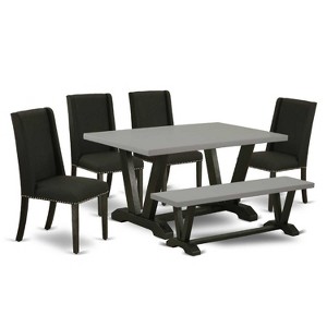 HomeStock 6-Pc Rectangle Natural Oak Finish Solid Wood Top Dining Table with 1-Bench, 4 Upholstered-Chairs - 1 of 4