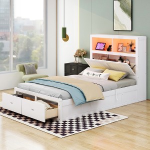Whisen Wood Hydraulic Platform Bed with Storage LED Headboard, Charging Station and 2 Drawers - 1 of 4