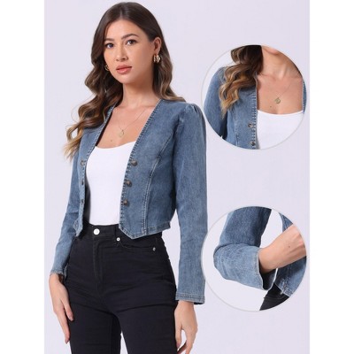 Allegra K Women's Collarless Open Front Casual Crop Denim Jackets Large Dusty Blue — фото 2