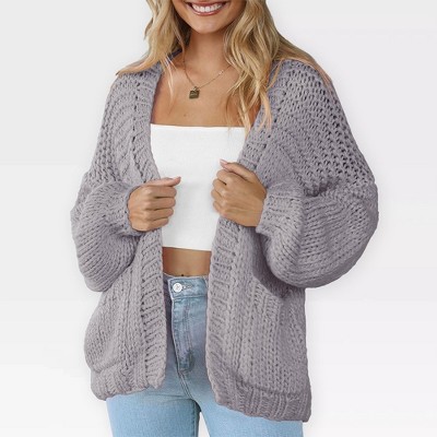 Women's Sweater Knit Cardigan with Pockets - Open Front Cable Knit Chunky Thick Sweater for Comfy Winter Knitwear,Silver Gray - XL