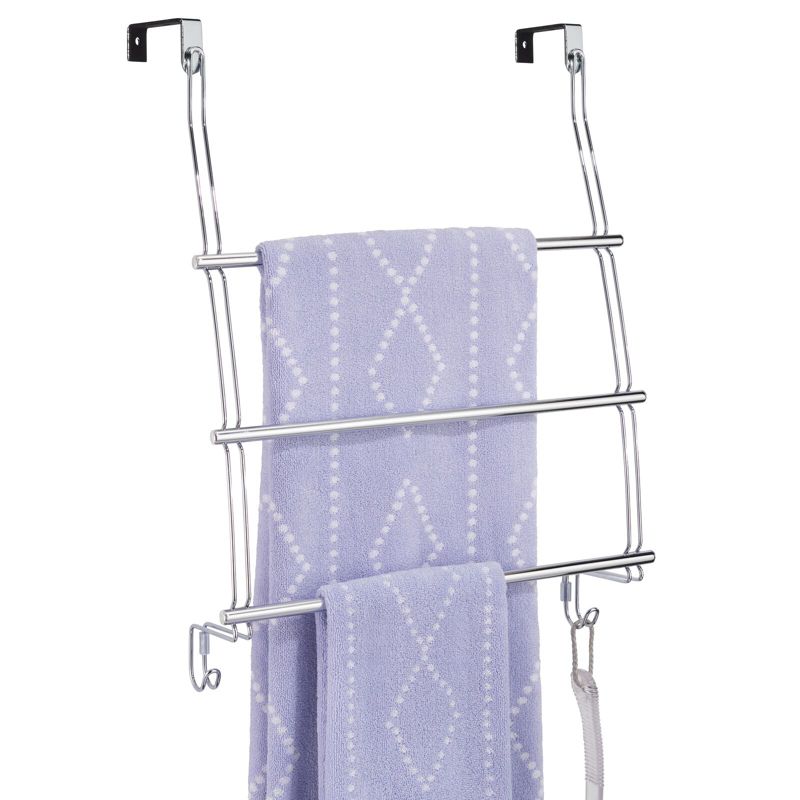 mDesign Adjustable Metal 3-Tier Over Door Towel Rack Holder, 2 Hooks, 1 of 7