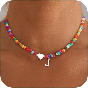 Beaded Initial Necklace Colorful Letter Choker Christmas Gift for Teens Silver-J - 1 of 4