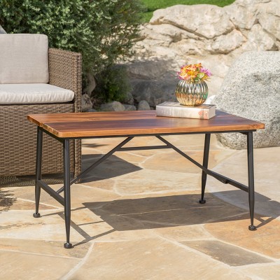 Sleek Antique Acacia Wood and Black Iron Patio Coffee Table