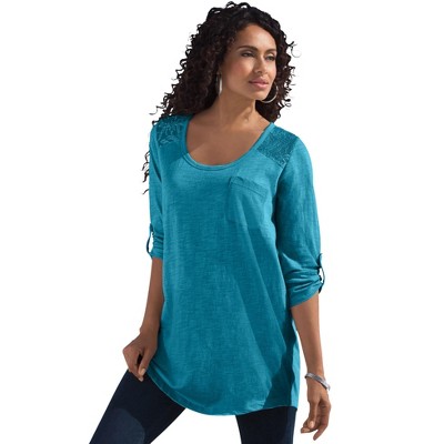 Roaman's Women's Plus Size Textured Lace Trimmed Tunic