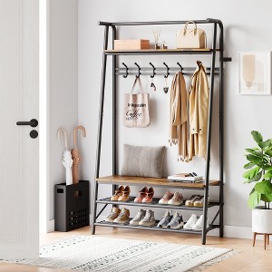 Coucheta Coat Rack Shoe Bench,4-In-1 Hall Tree with Coat Rack, Shoe Storage & Industrial Steel Frame, Wood Look, Multiple Sizes & Colors for Entryway - 1 of 4