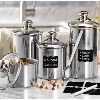 Set of 4 AIRTIGHT STAINLESS STEEL CANISTER SET for Kitchen Counter with GLASS LIDS + MARKER, LABELS, & SCOOP