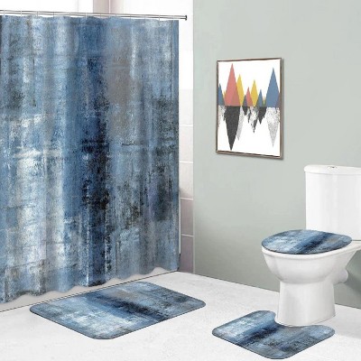LunaLulinlk 4Pcs Art Shower Curtain Sets with Rugs and Hooks Blue and Grey Bathroom Shower Curtain Sets