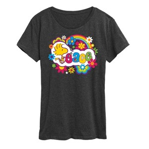 Women's - Peanuts - Peace Floral & Colorful Woodstock Short Sleeve Graphic T-Shirt - 1 of 4