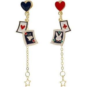 Whimsical Poker Night Earrings - Asymmetric Red Queen & Rabbit Clock Design in Gold, a Playful Statement Piece - 1 of 4