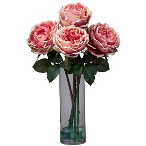 Nearly Natural Fancy Rose with Cylinder Vase Silk Flower Arrangement, Pink - 1 of 4