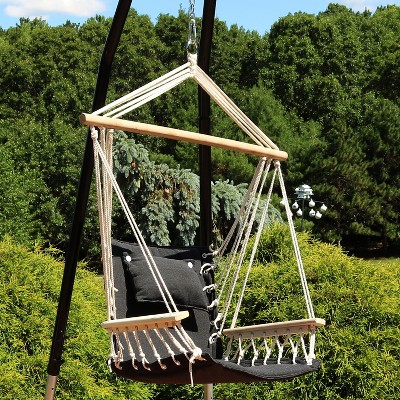 Black Polycotton Hanging Chair with Birch Spreader Bar and Cushions