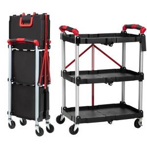 GustoWave 3-Tier Folding Utility Cart, Heavy Duty Portable Service Cart with 56 LBS Per Shelf, Collapsible Storage Cart, (Black & Red) - 1 of 4