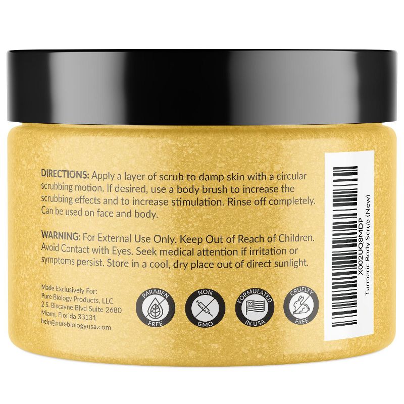Turmeric Body Scrub with Collagen & Coconut Oil, Exfoliate Hydrate & Polish Skin, Unscented, Pure Biology, 12oz, 2 of 7