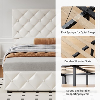 Full-size bed frame with 4 storage drawers, headboard, linen upholstery, diamond-stitched button tufting, no spring mattress required.