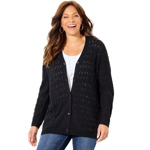 Catherines Women's Plus Size Pointelle V-Neck Cardigan - 1 of 4