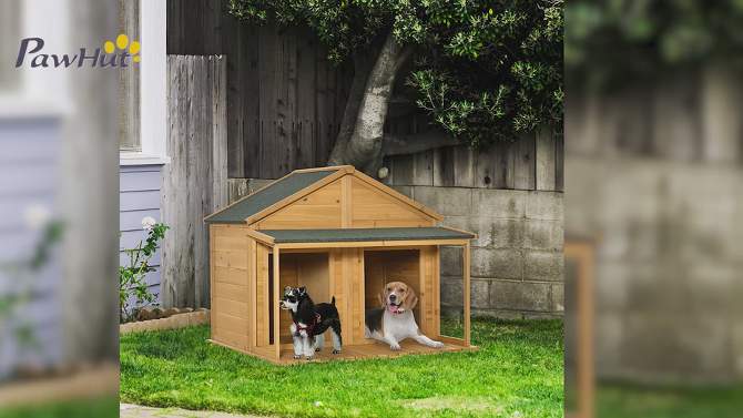 PawHut Wooden Dog House Outdoor Duplex for 2 Medium or Small Dogs, Outdoor Double Dog House with Porch, 50" x 43" x 43", 2 of 8, play video