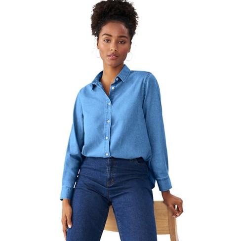 ellos Women's Plus Size Button Front Denim Shirt - image 1 of 4