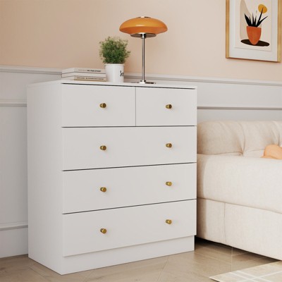 CIPACHO White 4-Tier 5-Drawer Storage Cabinet Particleboard Dresser with Brushed Gold Handles (Living Room/Bedroom/Entryway)