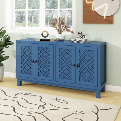 Classic Sideboard, 4 Door Buffet Cabinet With Pull Ring Handles, Navy ...