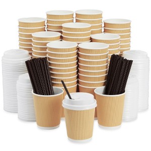 Juvale 100 Pack 8 oz Kraft Paper Insulated Disposable Coffee Cups with Lids and Stirring Straws for Hot Drinks, Beverages - 1 of 4