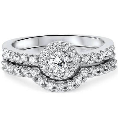 Pompeii3 1ct Halo Diamond Engagement Wedding Ring Set 10K White Gold