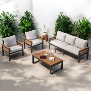 Mshliw 4-Piece Outdoor Sofa Set with Acacia Wood Armrests – Patio Conversation Set with Cushions and Coffee Table for Garden and Backyard - 1 of 4