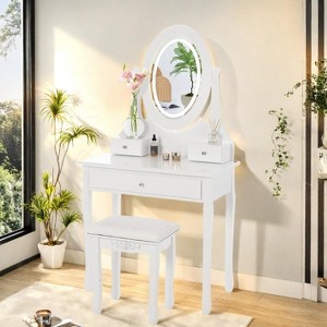 Farmhouse Vanity Desk with Mirror & Lights, Modern Vanity Table with Cushioned Stool and 3 Storage Drawers, Girls Women Bedroom Makeup Dressing Table - 1 of 4