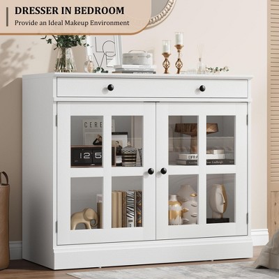 White Modern Sideboard Buffet Cabinet with Glass Doors and Drawer