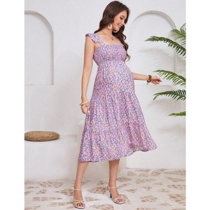 Coolmee Womens Maternity Dress Summer Sleeveless Smocked Square Neck Ruffle Casual Boho Midi Dress Baby Shower Photoshoot - 1 of 4
