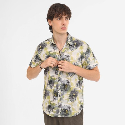 Campus Sutra Men Men's Navy Blue & Powder White Smudged Botanical Shirt