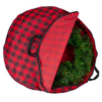 Northlight 30" Heavy Duty Red and Black Plaid Christmas Wreath Storage Bag with Handles