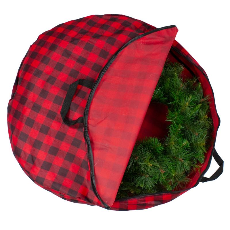 Northlight 30" Heavy Duty Red and Black Plaid Christmas Wreath Storage Bag with Handles, 1 of 5