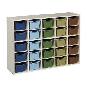 ECR4Kids Streamline 25 Cubby Tray Cabinet with 25 Scoop Front Storage Bins, 5x5, White Wash - 1 of 4