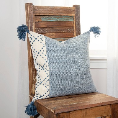 20" Blue and Ivory Woven Square Throw Pillow
